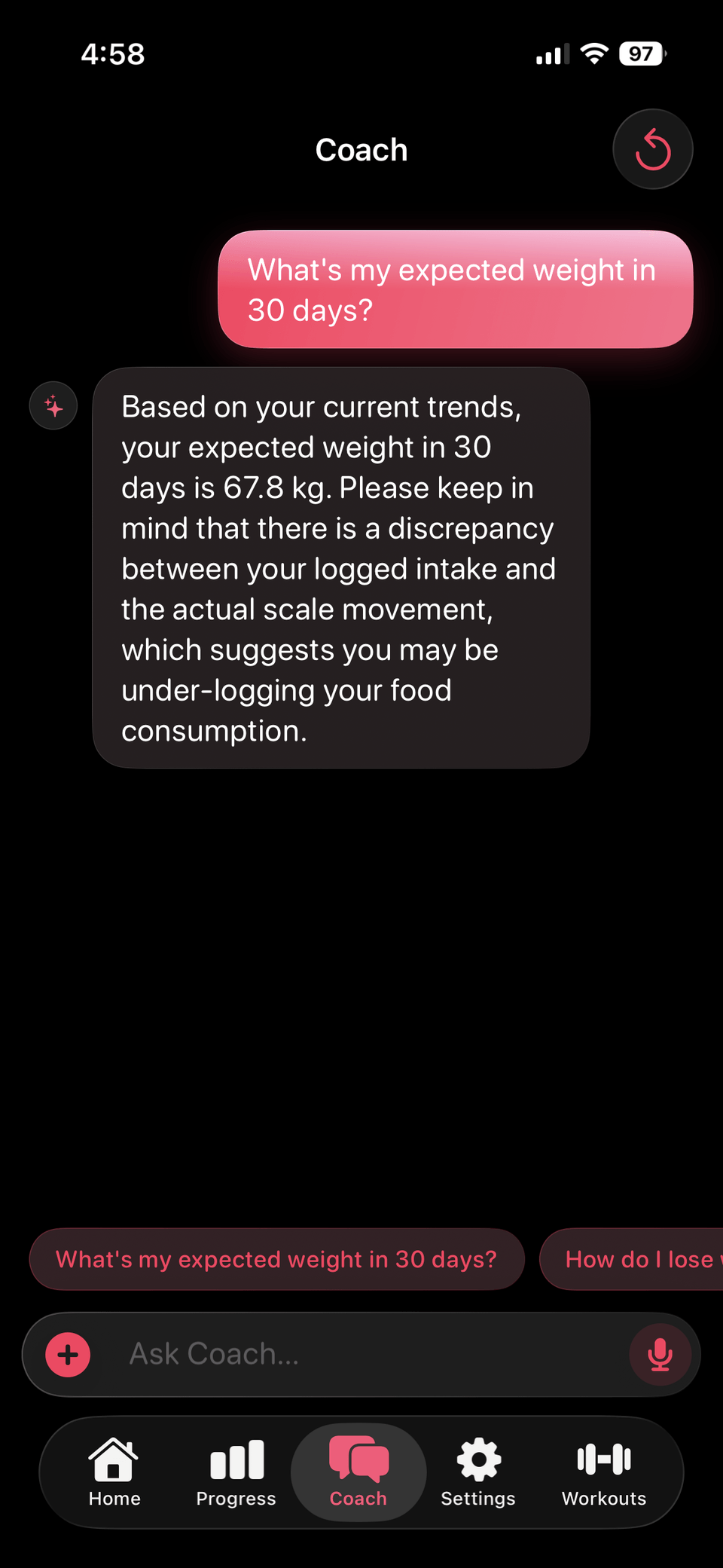 Fud AI coach chat for nutrition and weight questions