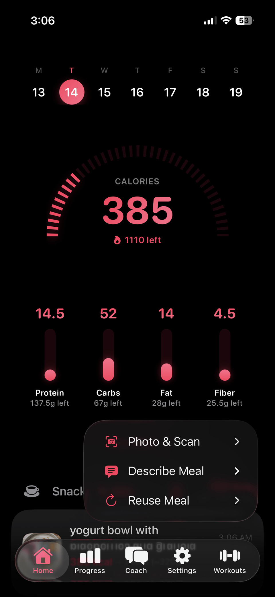 Fud AI grouped logging menu with Photo and Scan, Describe Meal, and Reuse Meal