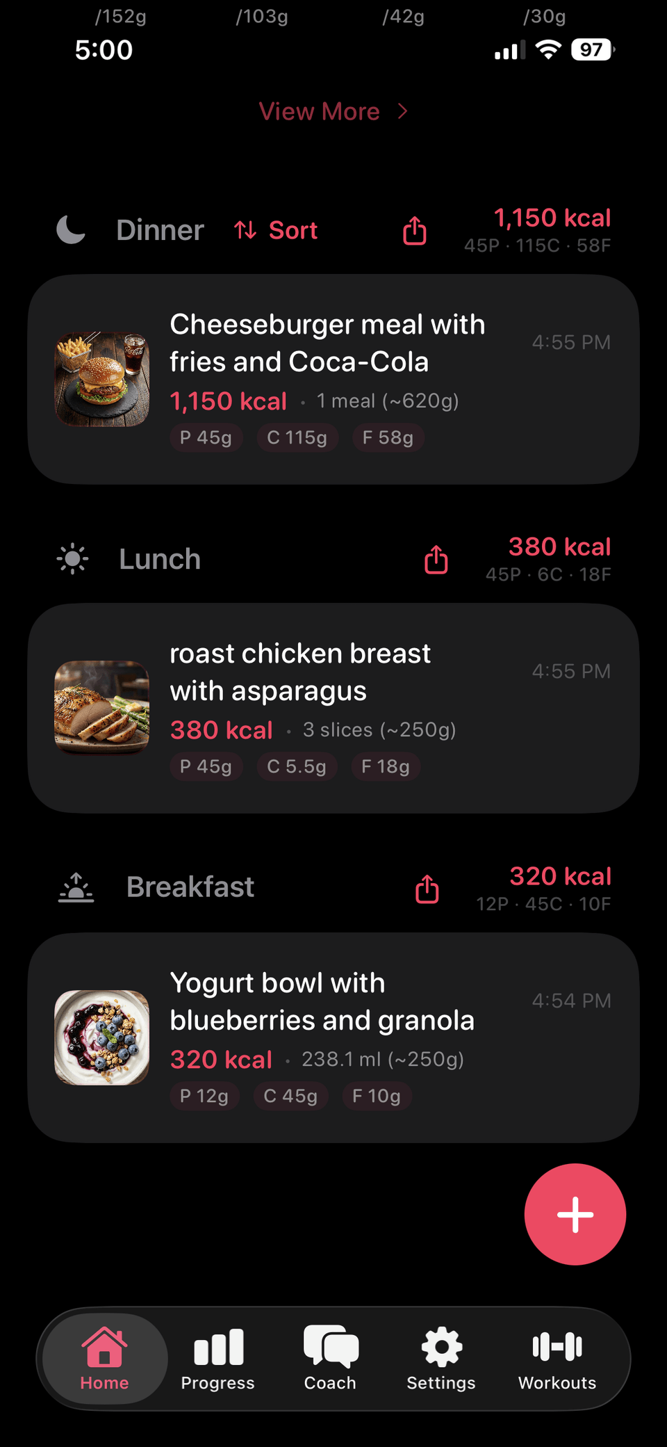 Fud AI food log with meal entries and nutrition totals