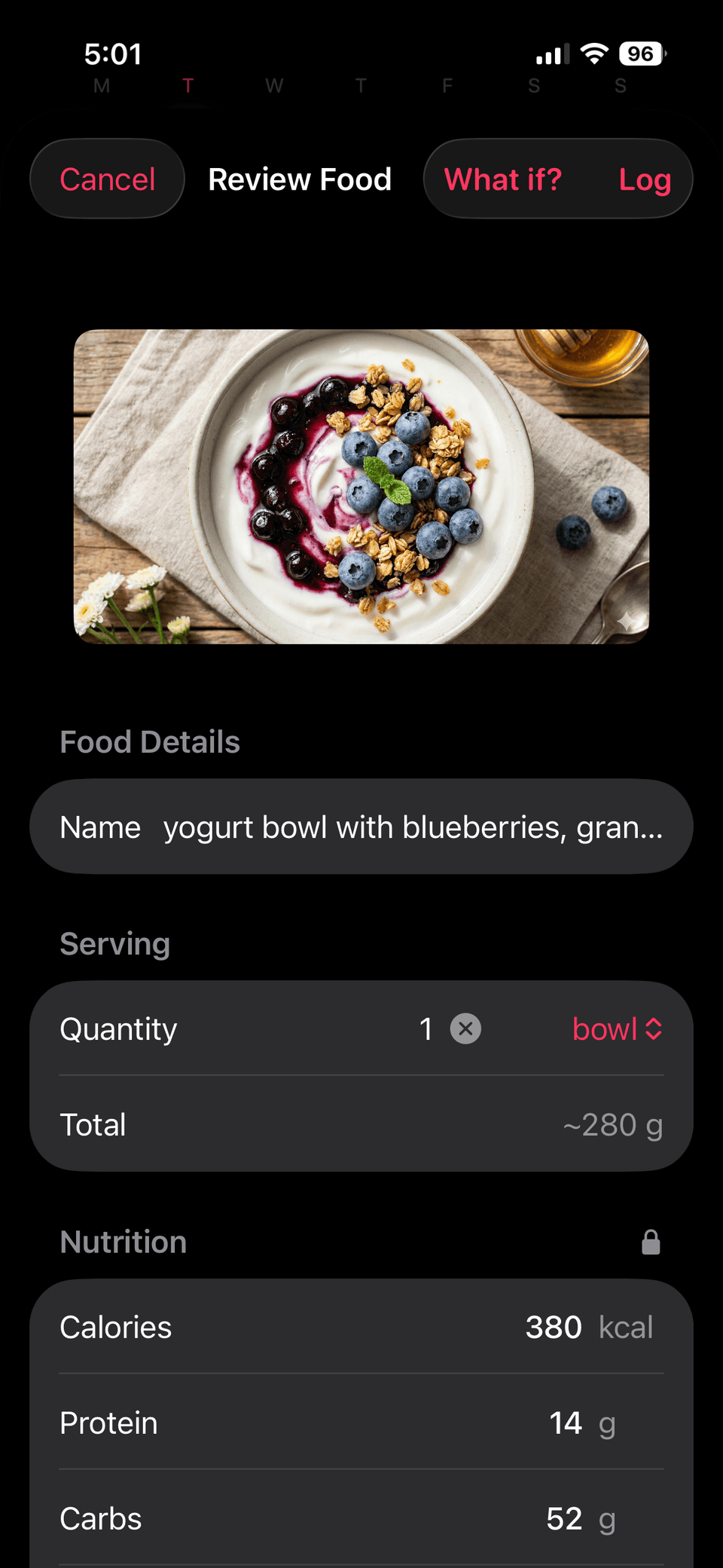 Fud AI review food screen with nutrition edits and what-if preview