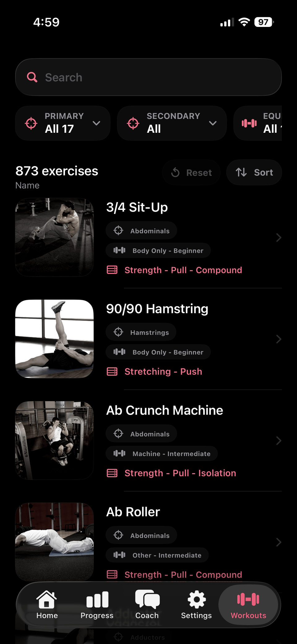 Fud AI workout exercise library with muscle and equipment filters